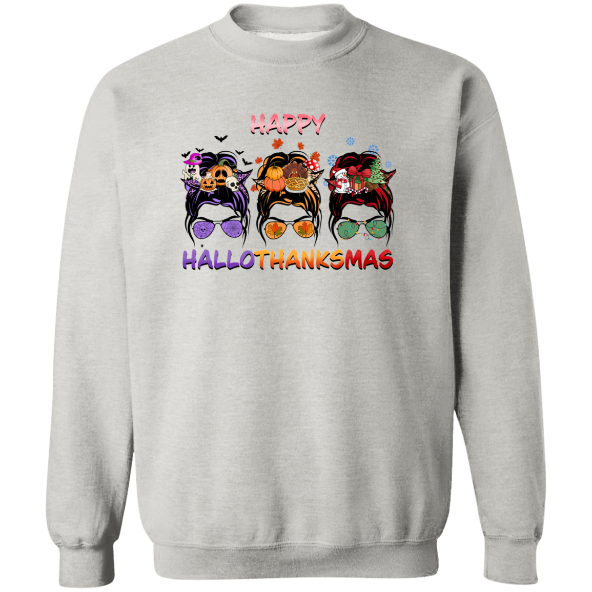 Hallothanksmas Messy Buns Crewneck Pullover Sweatshirt