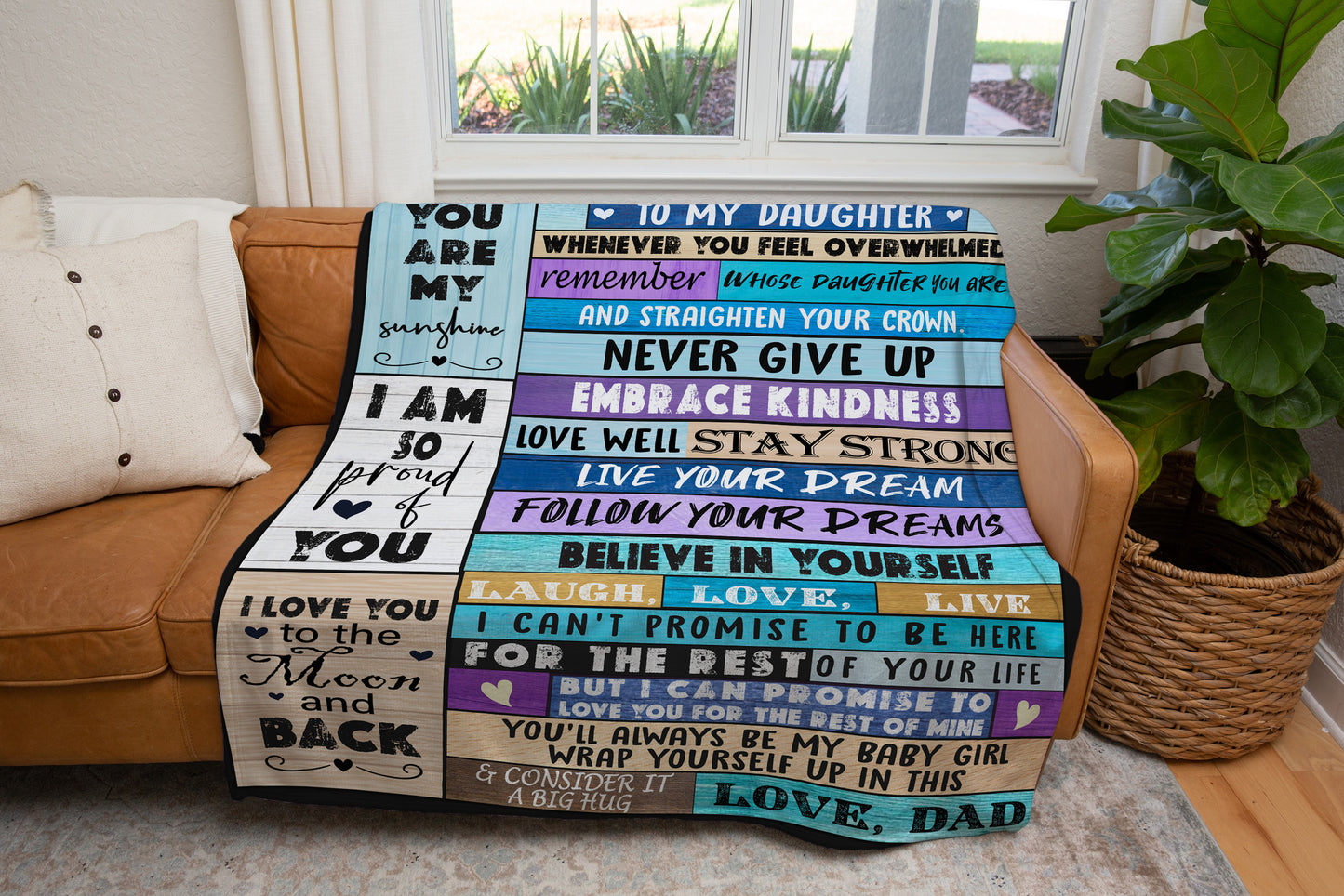 Daughter from Dad Blue Purple Cozy Message Blanket