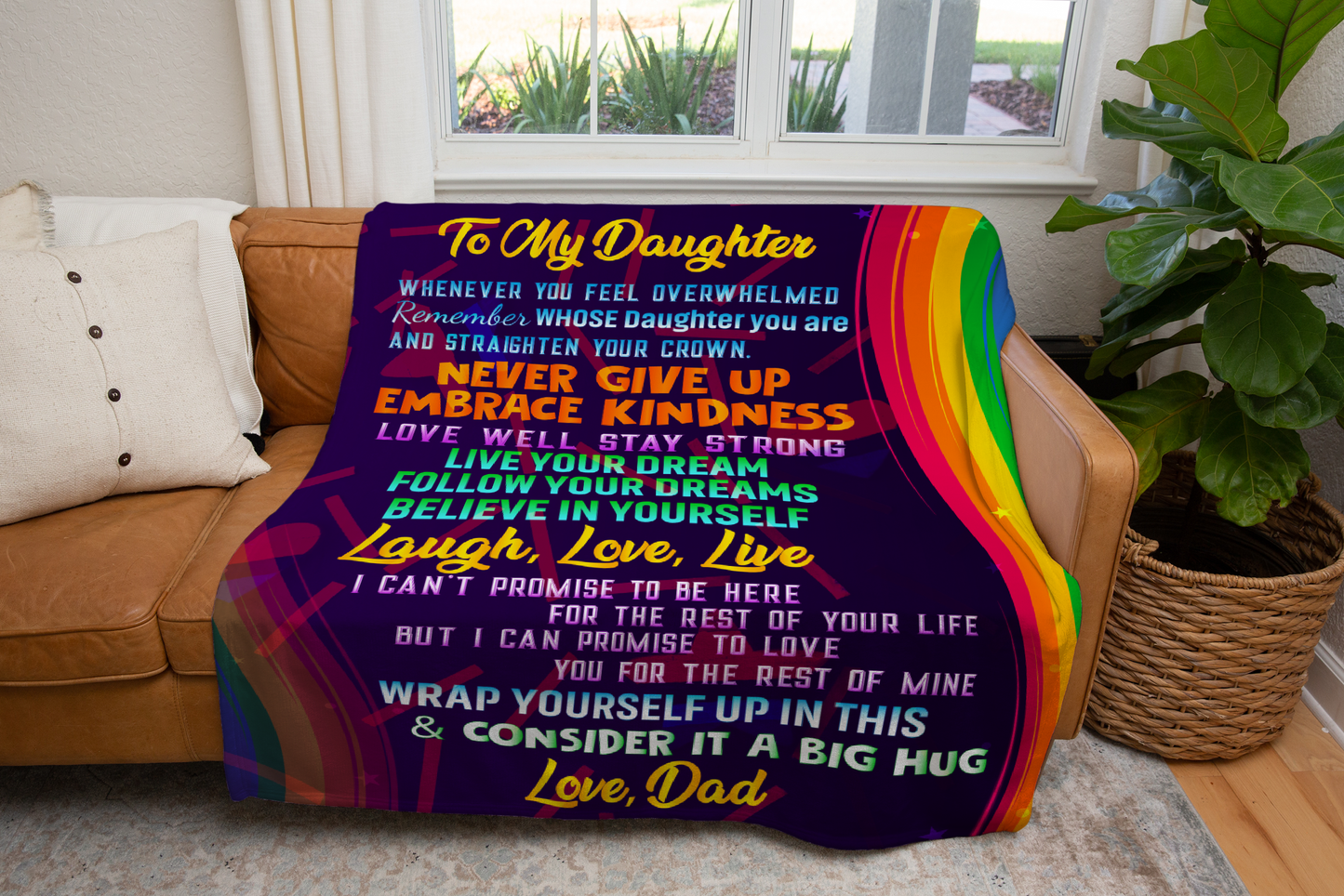 Daughter from Dad Rainbow Message Blanket