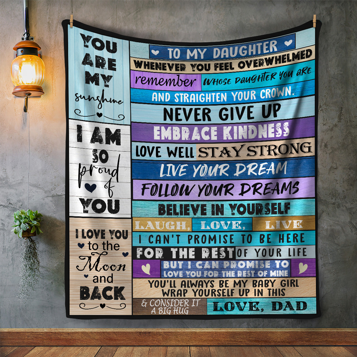 Daughter from Dad Blue Purple Cozy Message Blanket