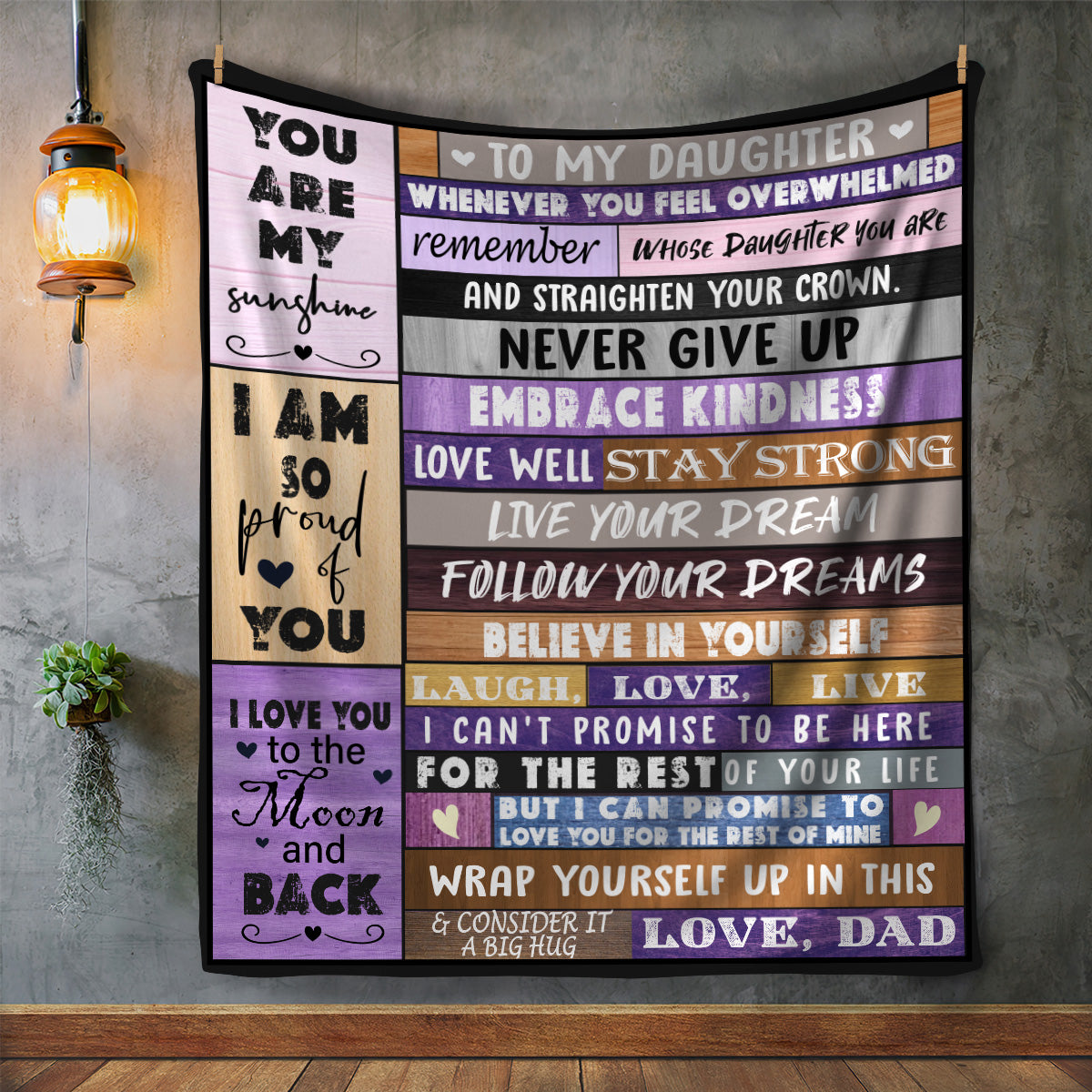 Daughter from Dad Purple Grey Cozy Message Blanket