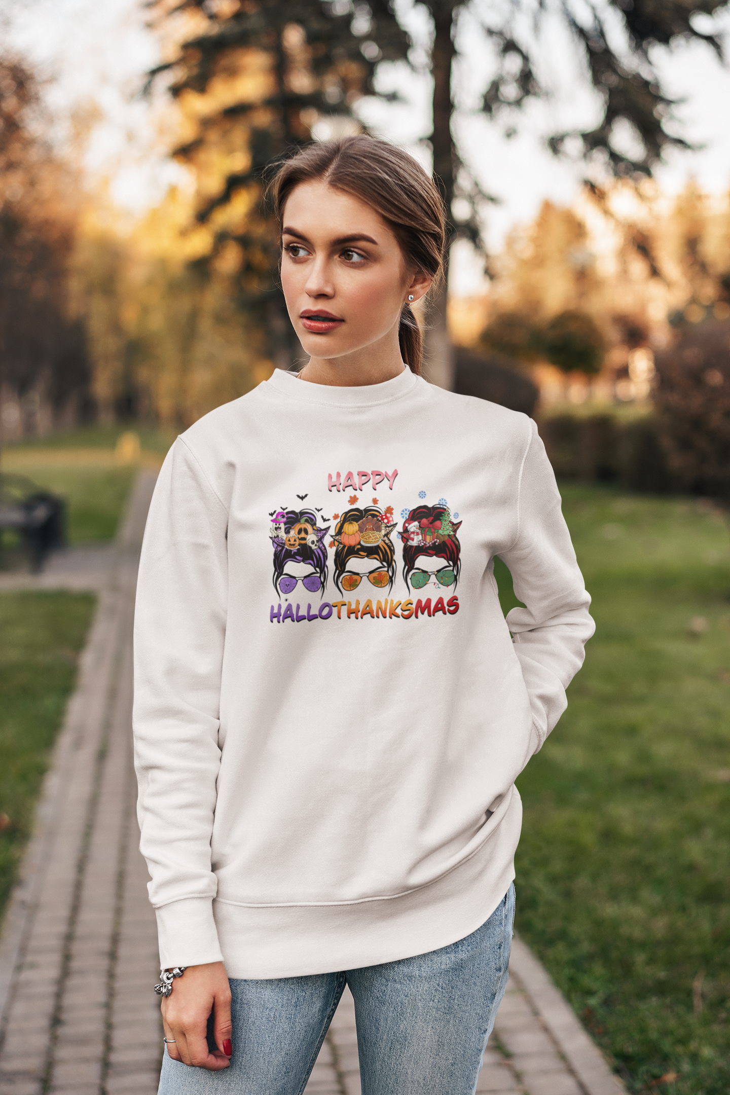 Hallothanksmas Messy Buns Crewneck Pullover Sweatshirt