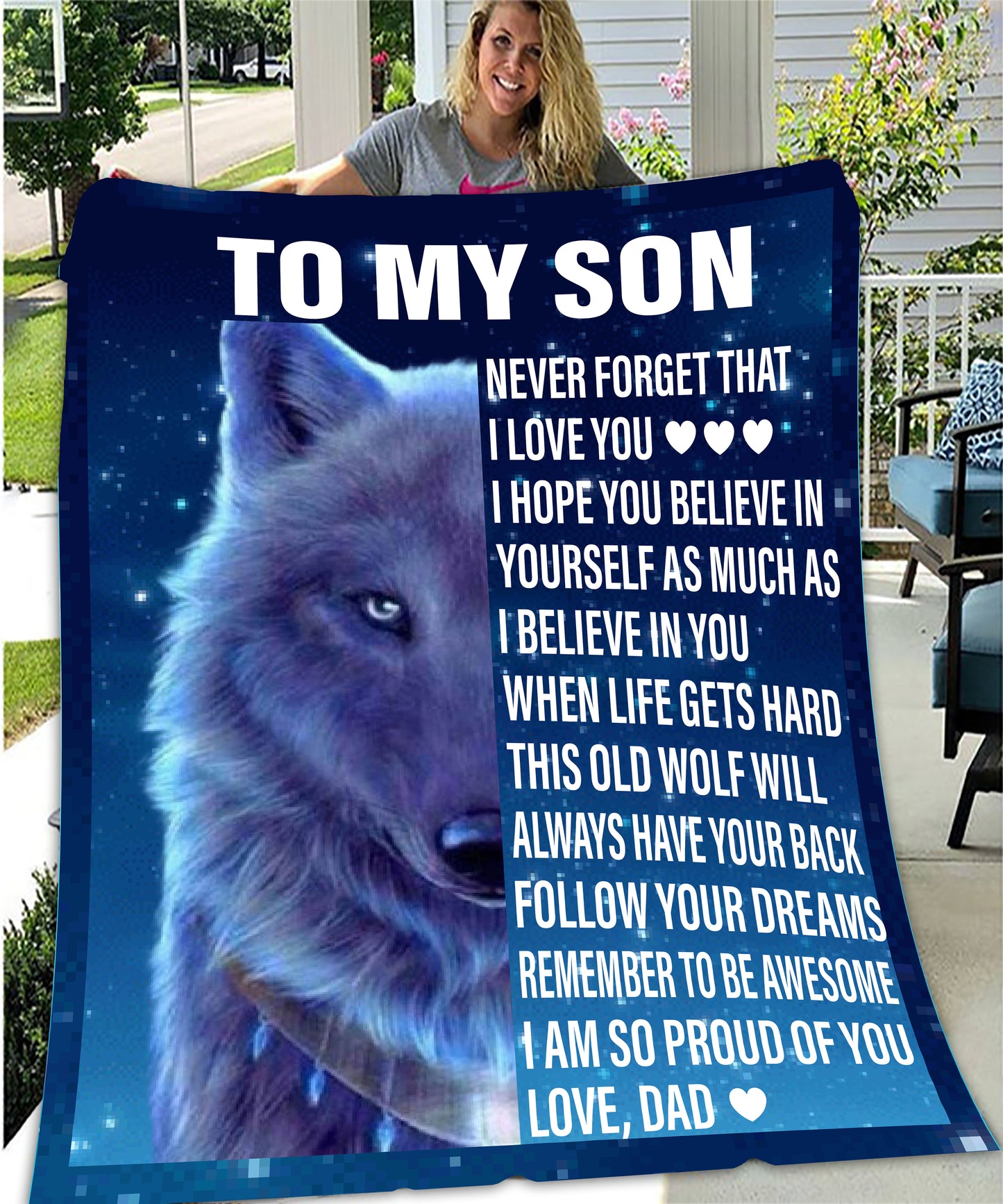 Son from MOM or DAD Wolf Cozy Message Blanket