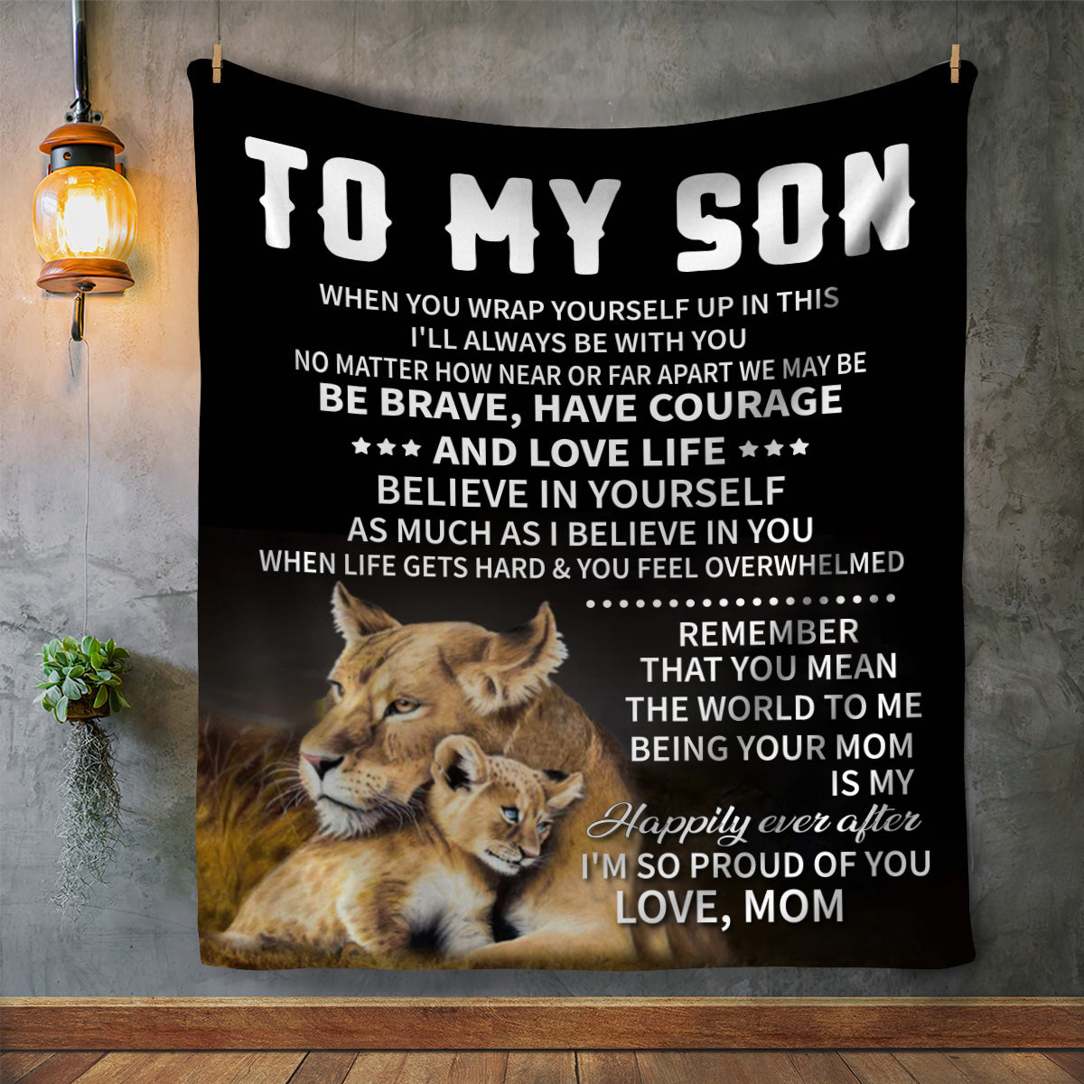Son from Mom Lions Cozy Message Blanket