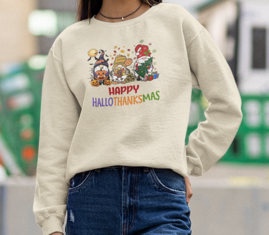 Hallowthanksmas Gnomes Crewneck Pullover Sweatshirt