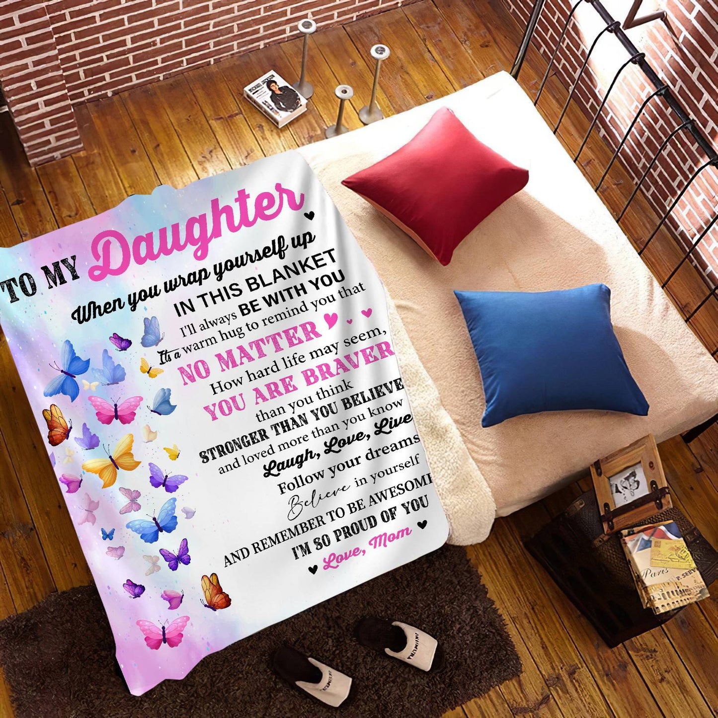 Daughter from Mom Multi Butterfly Message Blanket