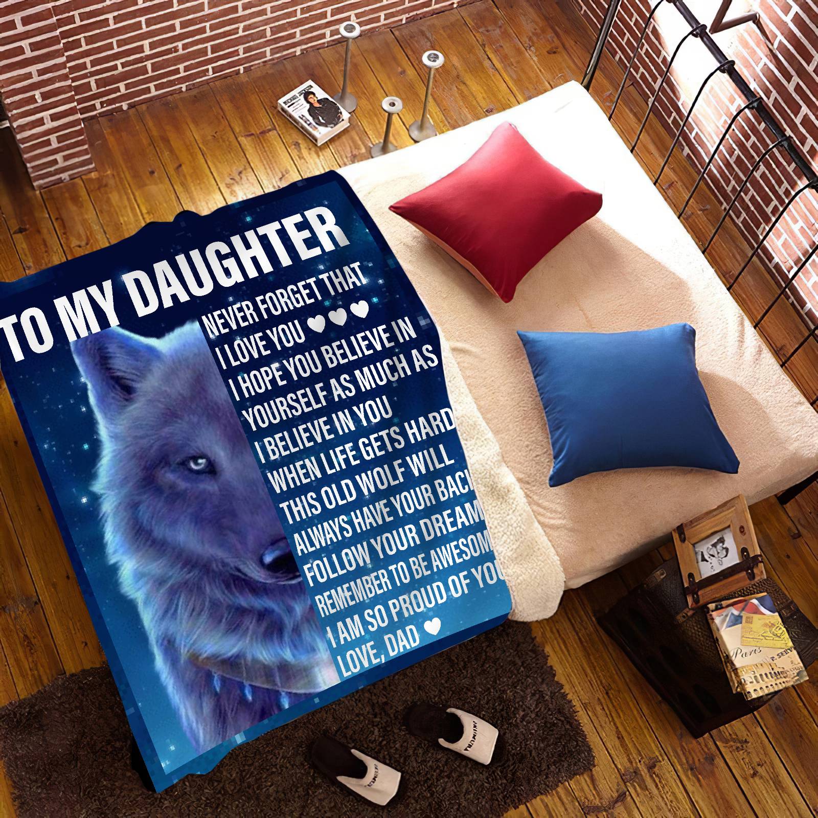 Daughter from Dad Wolf Cozy Message Blanket Frosted Flames